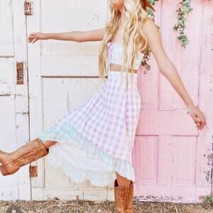 NWT Lulus Alessia Blue Purple Gingham Ruffled Midi Faux Wrap Skirt Size Small